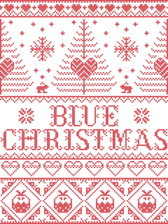 Christmas pattern Blue Christmas carol vector seamless pattern inspired by Nordic culture festive winter in cross stitch with heart, snowflake, snow ,Christmas tree, reindeer, in red and whiteのイラスト素材