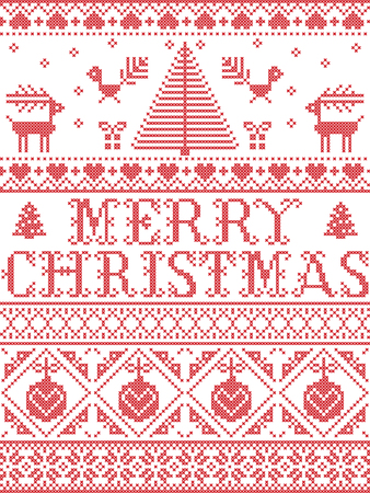 Christmas pattern Merry Christmas  vector seamless pattern inspired by Nordic culture festive winter in cross stitch with heart, snowflake, snow ,Christmas tree, reindeer, Robin bird in red and whiteのイラスト素材