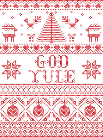 Christmas pattern God Yule  vector seamless pattern inspired by Nordic culture festive winter in cross stitch with heart, snowflake, snow ,Christmas tree, reindeer, Robin bird in red and whiteのイラスト素材