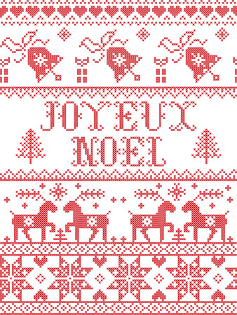 Christmas pattern Joyeux Noel  vector seamless pattern inspired by Nordic culture festive winter in cross stitch with heart, snowflake, snow ,Christmas tree, reindeer, Robin bird in red and whiteのイラスト素材