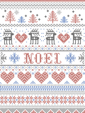Christmas Pattern Noel Scandinavian style, inspired by Norwegian festive winter culture,  seamless,  in cross stitch with reindeer, Christmas tree, heart, gifts,  snowflakes,  stars, snow in gray, blue, redのイラスト素材