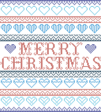 Merry Christmas Nordic style and inspired by Scandinavian cross stitch craft seamless Christmas pattern in red and white including  vary hearts elements and  decorative ornaments in red, blueのイラスト素材