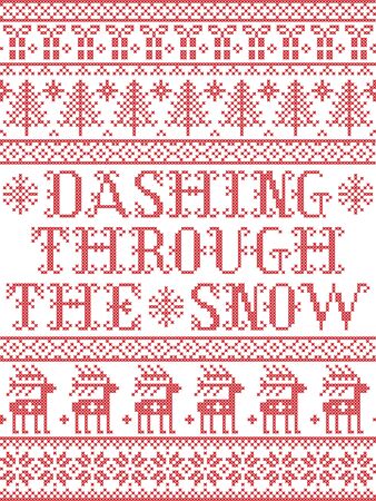 Dashing Through the Snow  pattern with Scandinavian, Nordic festive winter pasterns in cross stitch with heart, snowflake, snow, Christmas tree, reindeer, star, forest  in white and redのイラスト素材