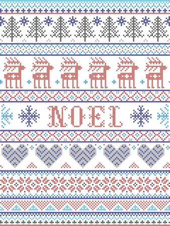 Simple Noel Christmas pattern with Scandinavian,  Nordic festive winter pasterns in cross stitch with heart, snowflake, snow, Christmas tree, reindeer, star, ornaments, in white and red, blue, grayのイラスト素材