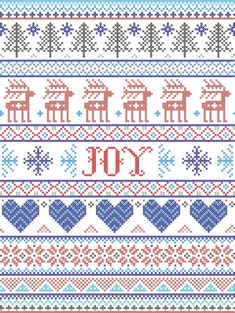 Simple Joy Christmas pattern with Scandinavian  Nordic festive winter pasterns in cross stitch with heart, snowflake, snow, Christmas tree, reindeer, forest, star, snowflakes in white,red, gray, blueのイラスト素材