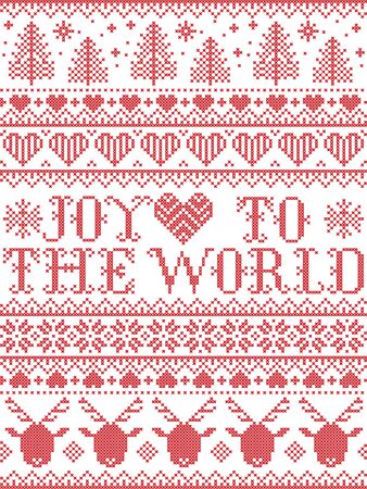 Joy to the World Christmas pattern with Scandinavian Nordic festive winter pastern in cross stitch with heart, snowflake,  Christmas tree, reindeer, forest, star, in white,red,のイラスト素材