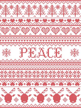 Peace Christmas vector pattern with Scandinavian Nordic festive winter pastern in cross stitch with heart, snowflake,  Christmas tree, reindeer, forest, star, in white,redのイラスト素材