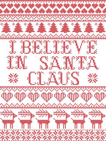 Scandinavian Christmas pattern inspired by I believe in Santa Claus lyrics festive winter elements  in cross stitch with heart, snowflake, Christmas tree, reindeer, star, snowflakes in white, redのイラスト素材