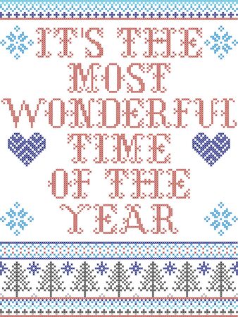 Scandinavian Christmas pattern inspired by Itâs the most wonderful time of the year carol festive elements  in cross stitch with heart, snowflake, Christmas tree, star, snowflakes in red, blue, whiteのイラスト素材