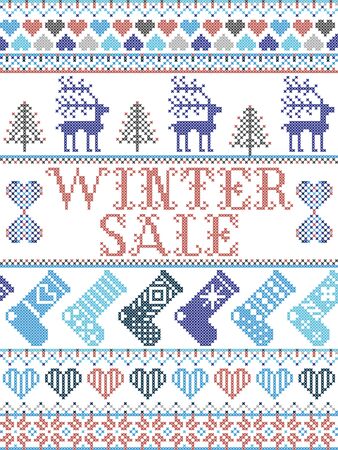 Winter Sale Scandinavian illustration inspired by Norwegian Christmas, festive winter pattern in cross stitch with reindeer, Christmas tree, heart, snowflakes, snow, stockings in red, white,blueのイラスト素材