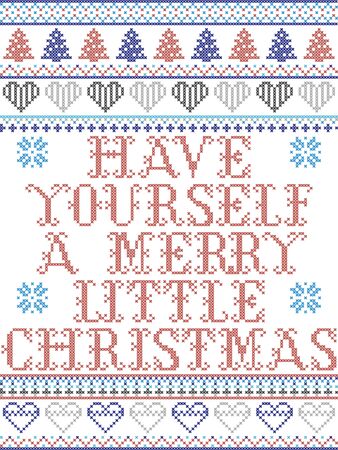 Have yourself a Merry Little Christmas Scandinavian vector seamless pattern inspired by nordic culture festive winter in cross stitch with heart, snowflake, star,  snow, Christmas treeのイラスト素材