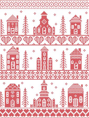 Scandinavian Tall  Christmas pattern including Nordic Christmas scenery  Winter Village Church , house, cottages, town hall in cross stitch with heart, snowflake, snow, Christmas  tree, forest, stars in redのイラスト素材