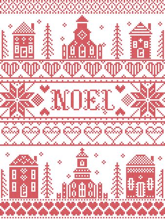 Noel Nordic Christmas pattern including Nordic Christmas scenery  Winter Village Church , house, cottages, town hall in cross stitch with heart, snowflake, snow, Christmas  tree, forest, stars in redのイラスト素材