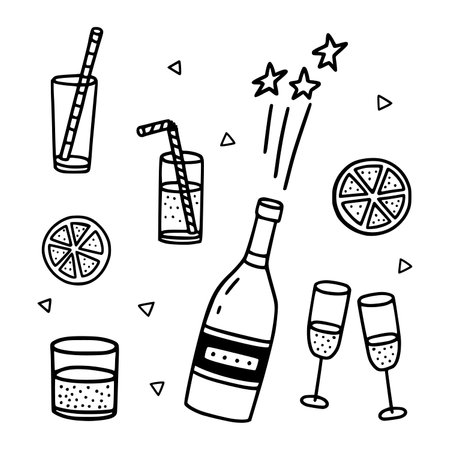 Champagne bottle doodle. Party drinks in naive outline style. Hand-drawn vector images.のイラスト素材