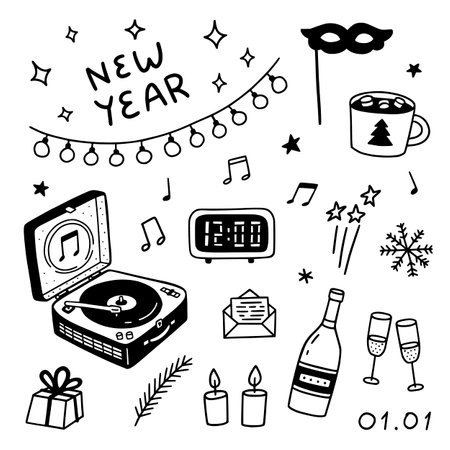 New year pictures. Set of holiday doodle elements. Garland, champagne, glasses, gift, candles, patifon, letter, mask, snowflakes, stars, notes, cocoa with marshmallows.のイラスト素材