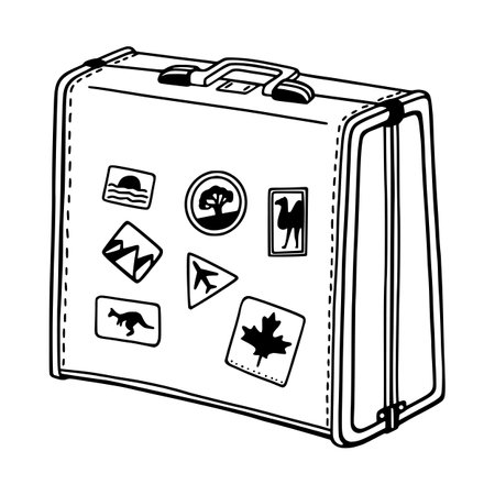 Retro suitcase with stickers. Hand drawn vector illustration.のイラスト素材