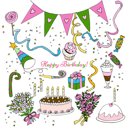 Hand Draw birthday party clipart, isolated doodle set design decorationのイラスト素材