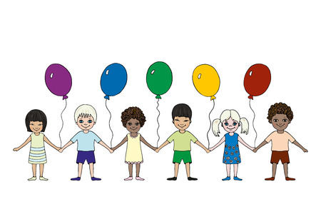 Happy little children of different races hold hands. International Children's Day. Hand drawn.のイラスト素材