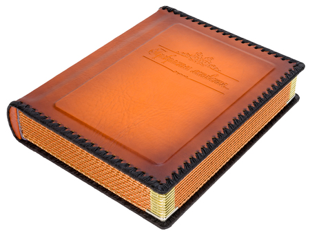 Brown leather photo album cover with decorative frame for text , isolated white backgroundの写真素材