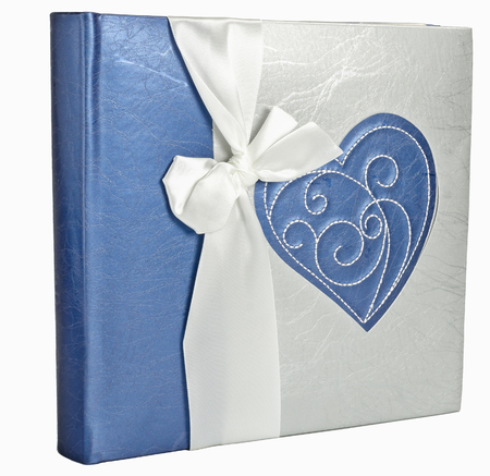 Decorative dark blue photo album with heart on white backgroundの写真素材