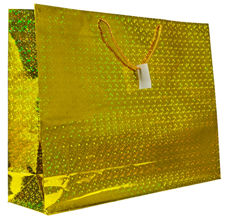 Colorful yellow foil shopping bag on isolated backgroundの写真素材