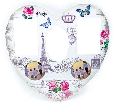 Shabby white wooden photo frame with prints Eiffel Tower, postage stamp and word Paris. In middle place for your photo or textの写真素材