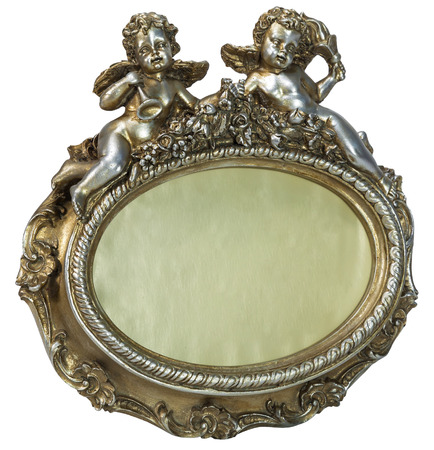 Gilded decorative fhoto frame with cupid isolated on white backgroundの写真素材