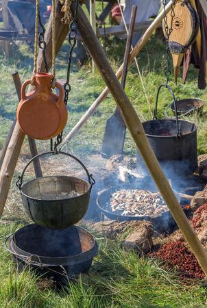 Cooking in the camp outdoor. Different cooking utensils, mushrooms on frying panの写真素材