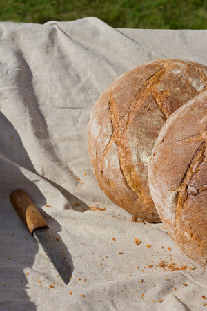 Round hearth bread in the cart on a sunny day outdoors.の写真素材