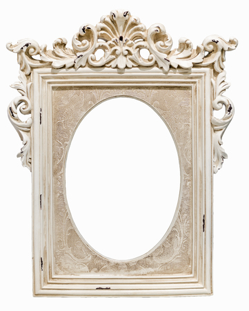 Classic beige photo frame standing straight isolated on white background.の写真素材