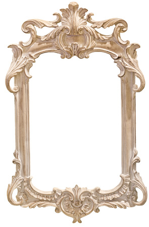 Classic beige photo frame standing straight isolated on white background.の写真素材