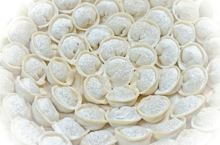 Meat dumplings - russian pelmeni on a round plate close up view. Defocusedの写真素材
