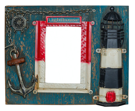 Photo frame with lighthouse, anchor, chain, steering wheel and empty spase  for your picturesの写真素材