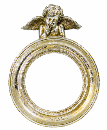 Gilded decorative fhoto frame with cupid isolated on white backgroundの写真素材