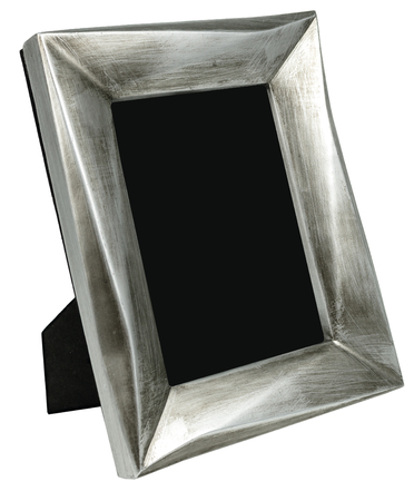 Metal photo frame with scratches standing straight on rope with white isolated backgroundの写真素材