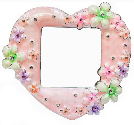 Pink photo frame inlaid with rhinestones and pearl in form of heart with place isolated for your photo.の写真素材