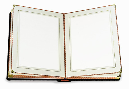 Opened book with blank pages and decorative gold  frame for text on a white backgroundの写真素材