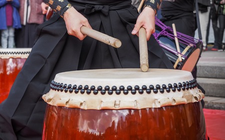 Musicians play drums outdoors. Culture of Korea, Japan, Chinaの写真素材