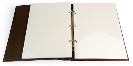 Opened photo book with blank pages on a white backgroundの写真素材