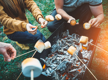 Friends by campfire making fried marshmallows. People fry marshmallows around the fire together.のeditorial素材