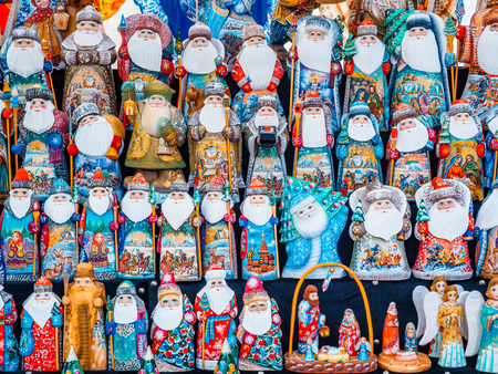 Colorful Russian nesting dolls Matryashka at the market. Russian dolls are Santa Claus Ded Moroz Father Frost and Snow Maiden.の写真素材