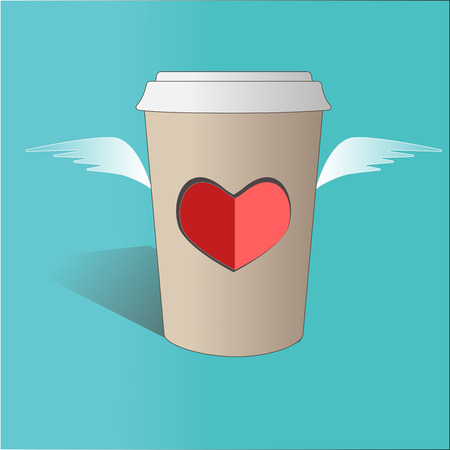 Illustration flying paper coffee cup with heart and wings on blue background. Valentines day card.のイラスト素材