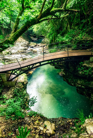 Martvili canyon in Georgia. Beautiful natural canyon with view of the mountain river, christal blue water and boat ride near Kutaisi.の写真素材