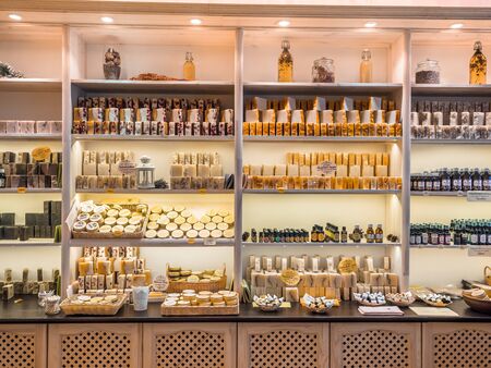 MOSCOW, Russia - January 19, 2019: Bars of soap on a shop window. Different soaps with natural cedar oil, turpentine and herbal ingredients. Handmade natural cold process soap. Eco-friendly exfoliating soap for hair and bodyのeditorial素材