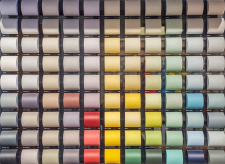 Color palette. Display with colored paint for interior decoration. Multicolored square bars painted...