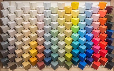 Color palette. Display with colored paint for interior decoration. Multicolored square cube bars...