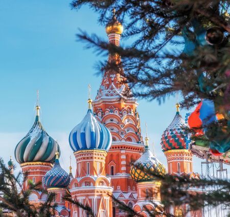 St. Basils Cathedral in Moscow Kremlin on Red Square. Decorated Red Square in Chrismastide and New Year time.の写真素材