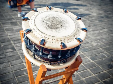 Traditional japanese percussion instrument shime-daiko or namitsuke it is one type of taiko drum.の写真素材