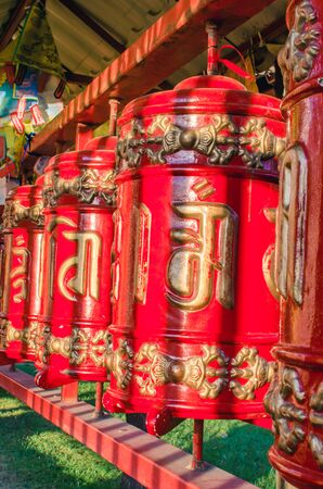 Buddhist prayer wheels in Buddhist Temple Datsan Gunzechoyneyの写真素材