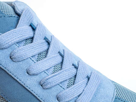 Shoestrings of blue color pattern. Closeup lacing background texture for design. Shoelaces, shoestrings or bootlaces.の写真素材